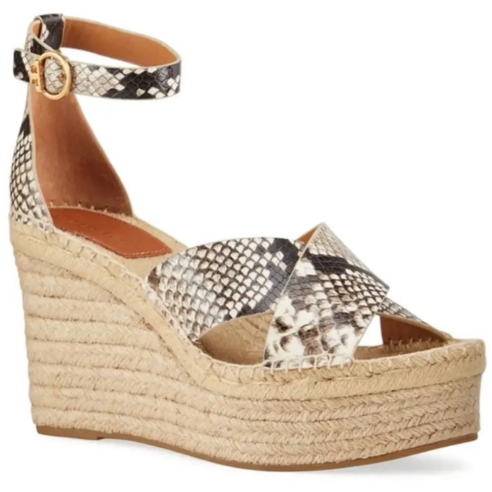 NEW! Tory Burch Warm Roccia Snakeskin Selby Wedge Espadrille Sandals - Size 8.5🚀